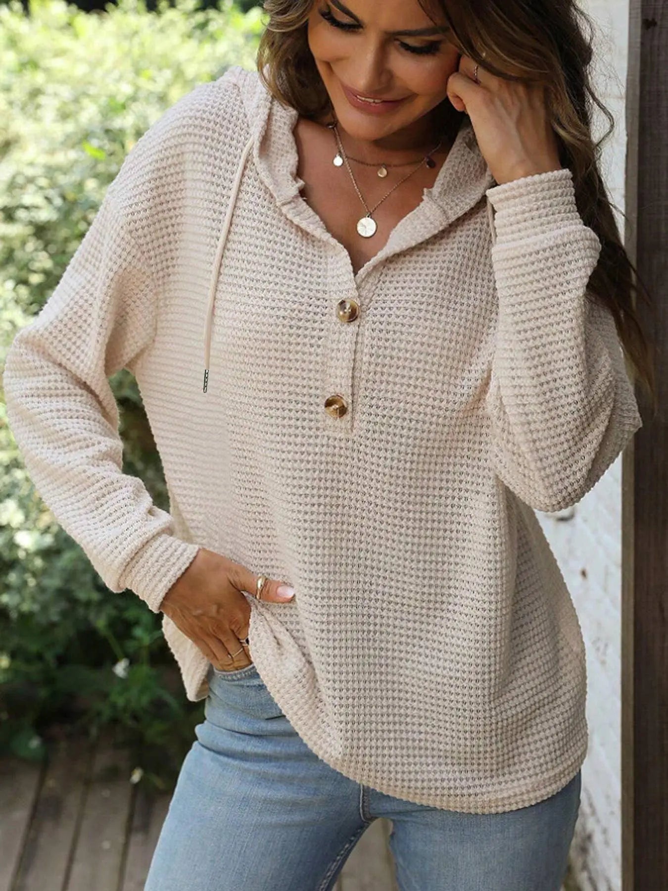 Solid color hooded button long-sleeved hoodie Lily Clothing