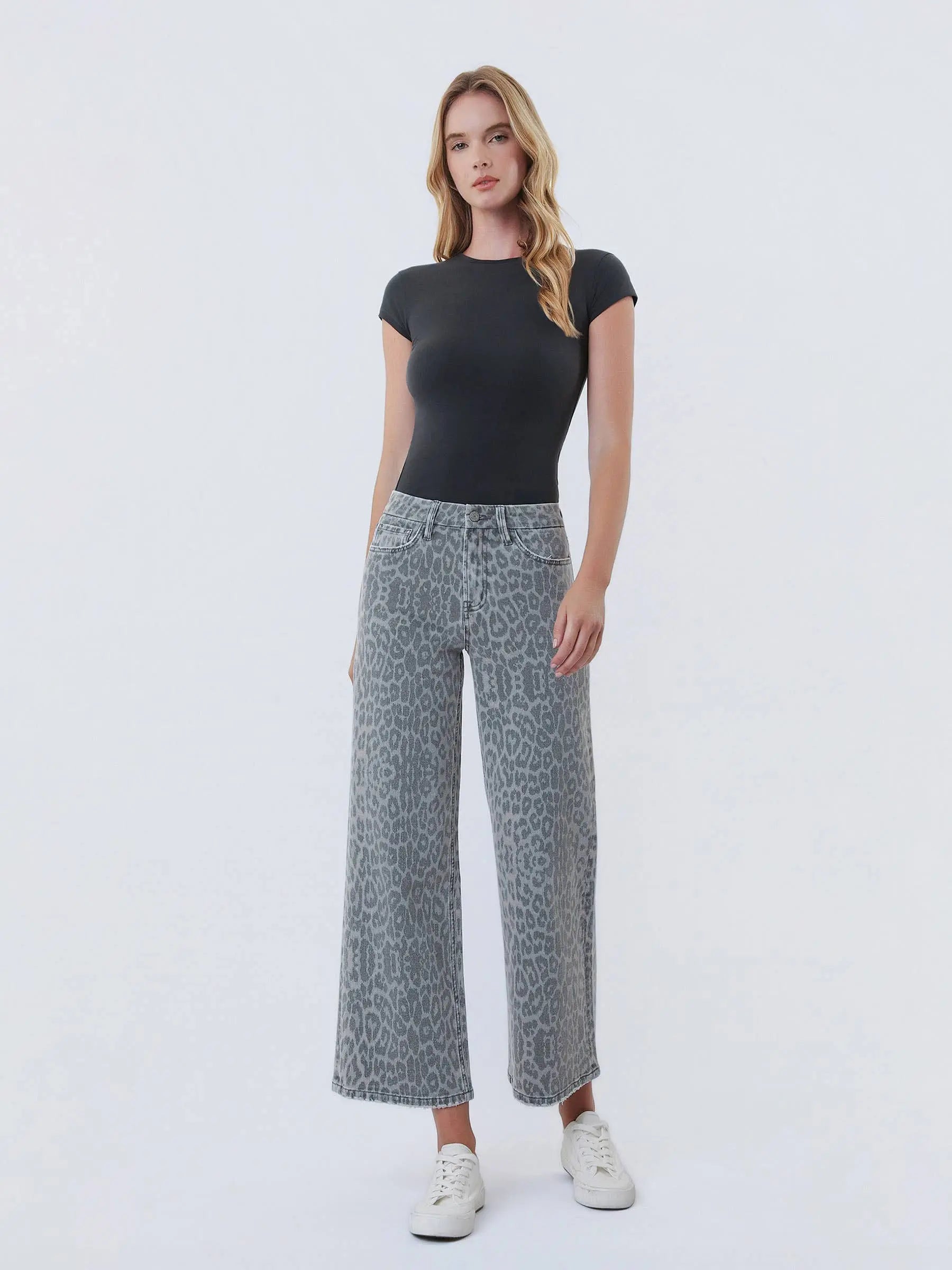 HIGH RISE GREY LEOPARD PRINT CROP WIDE LEG JEANS T7331GLP VERVET by FLYING MONKEY