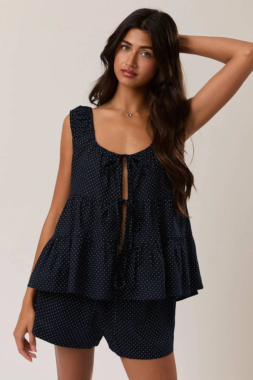 FRONT TIE TIERED SLEEVELESS TOP LE LIS