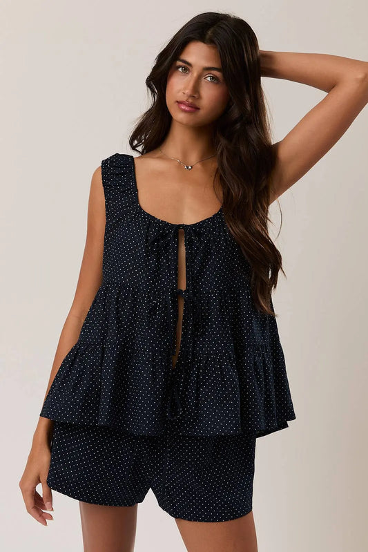 FRONT TIE TIERED SLEEVELESS TOP LE LIS