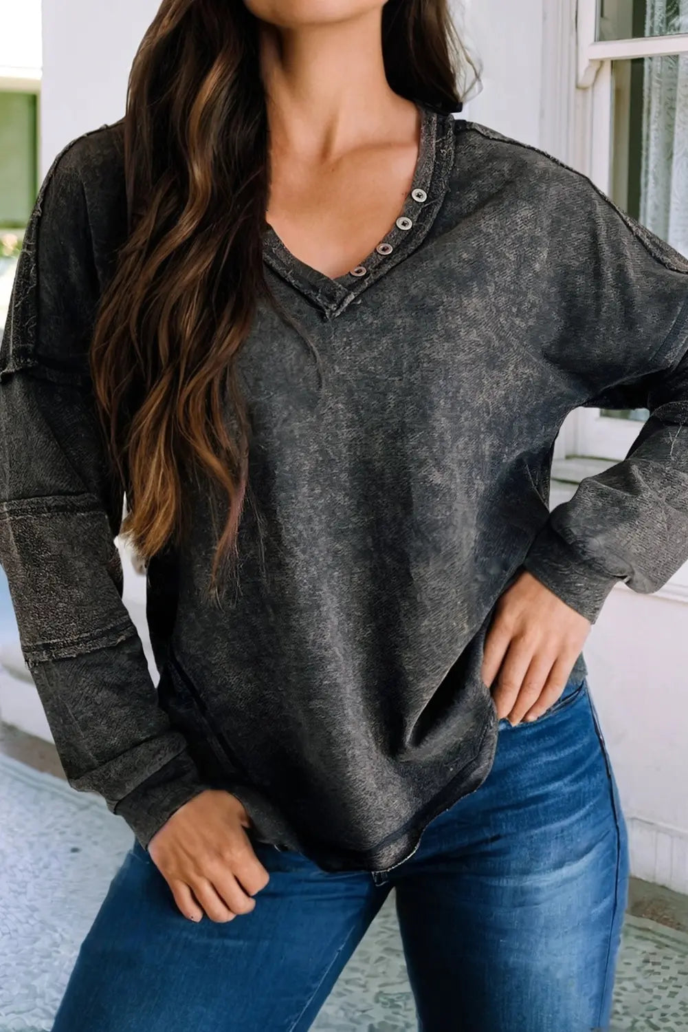 LDC Raw Edge Long Sleeve Buttoned V Neck Exposed Seam Top Little Daisy Closet