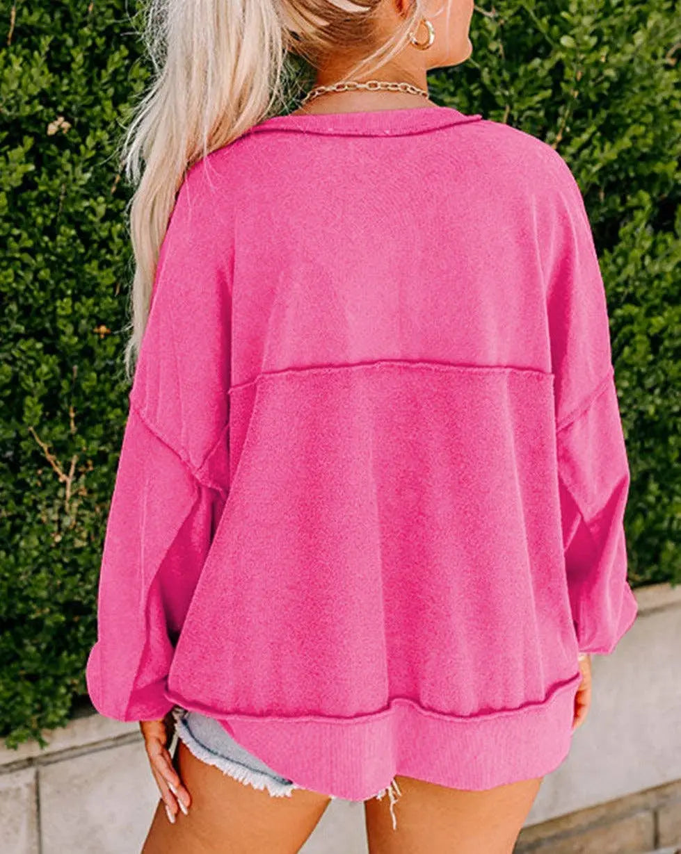 Exposed Seam Buttoned Henley Sweatshirt - Branded By Barta