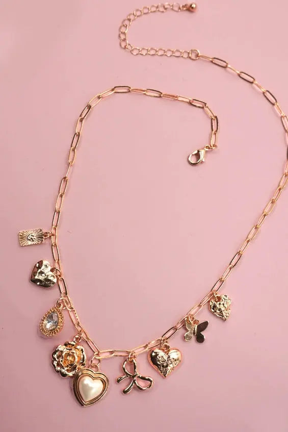 Charm Necklace-Bow Heart Rhinestone Flower Branded By Barta