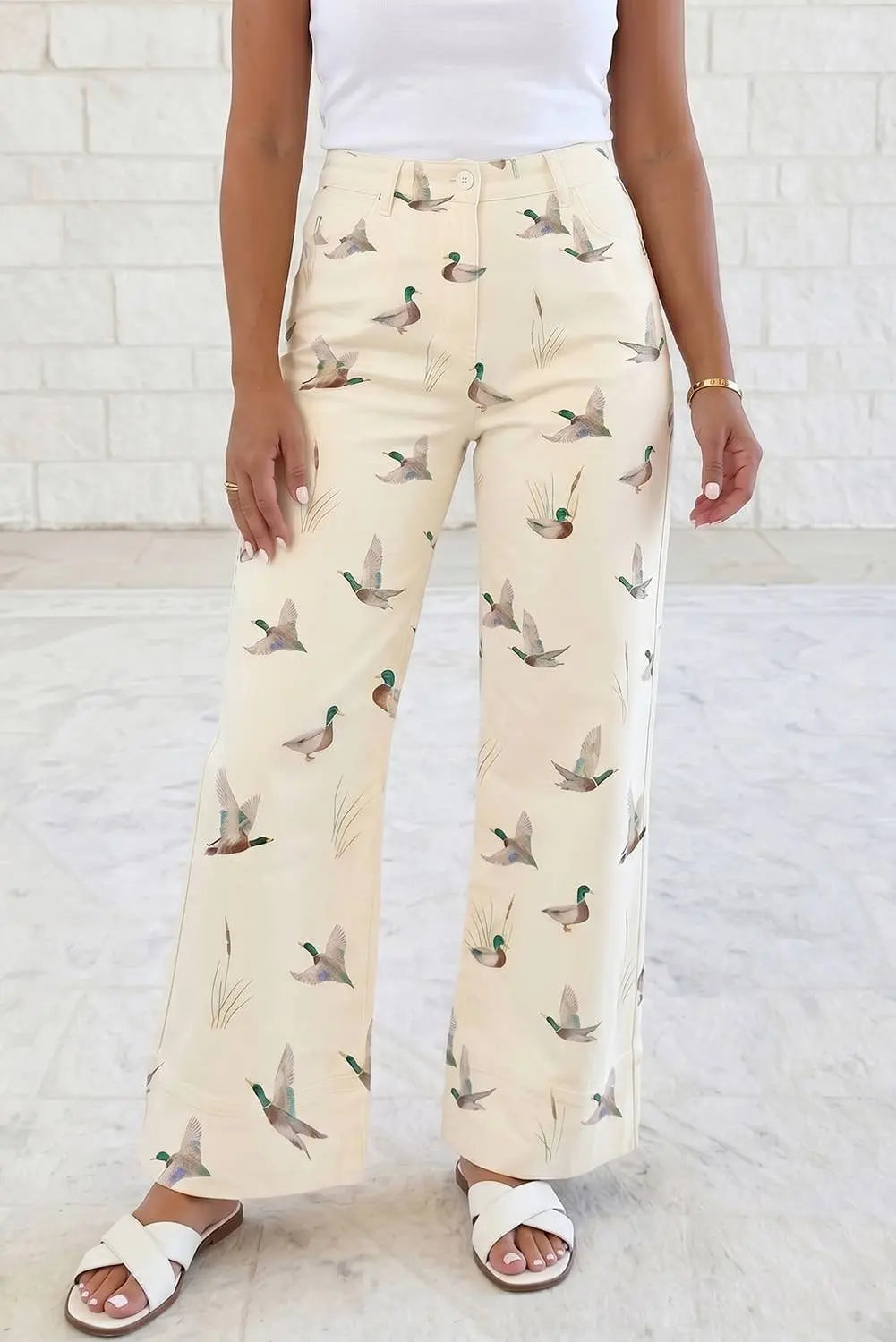 Mallard Duck Print Denim Wide Leg Pants 1 the Woman