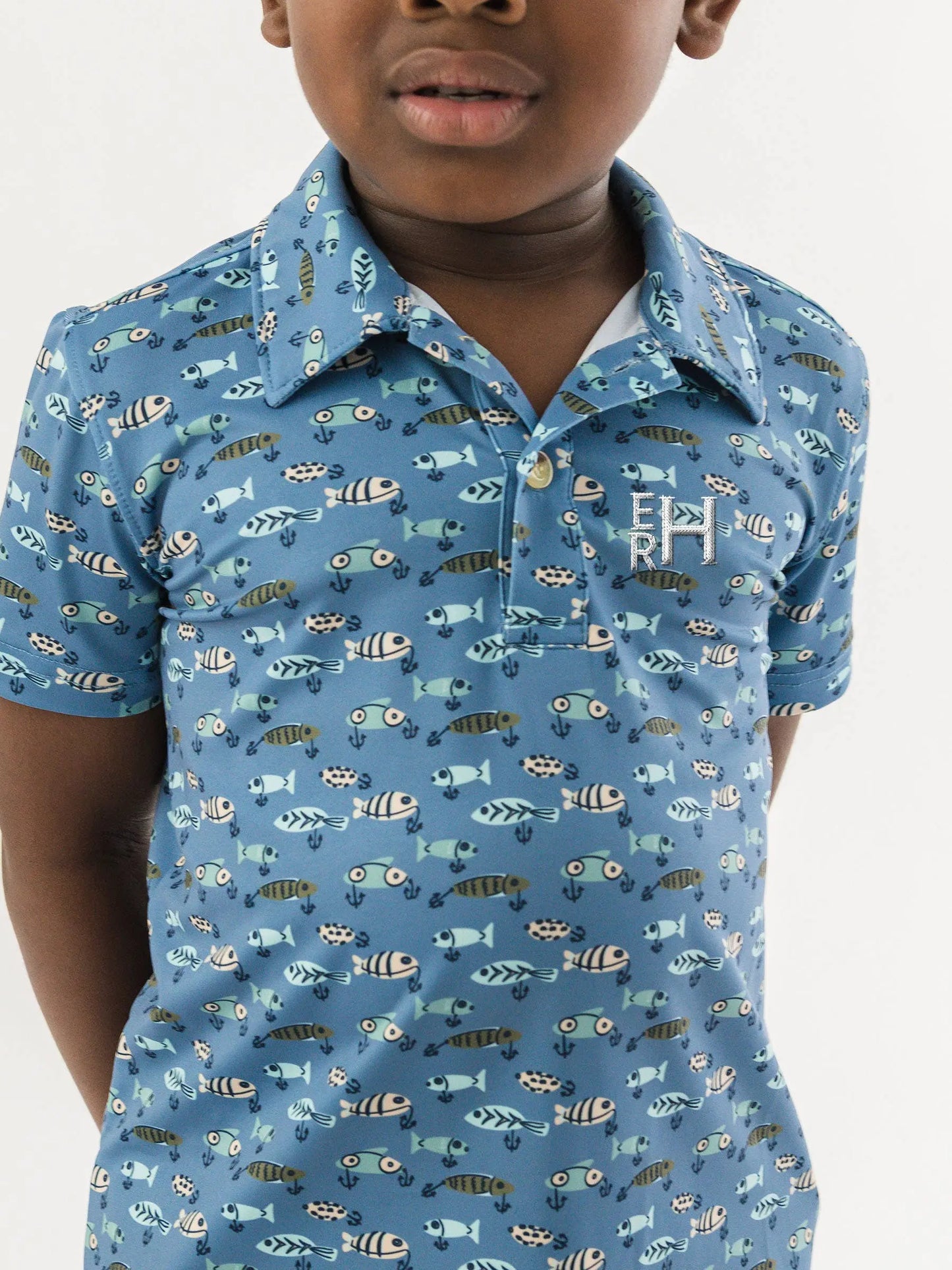 Boys Fish Bait Buddies Knit Short Sleeve Performance Polo RuffleButts + RuggedButts