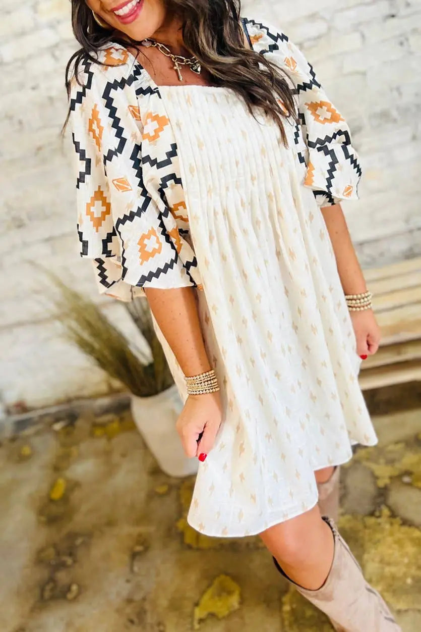 Western Aztec Pleated Mini Dress - Branded By Barta