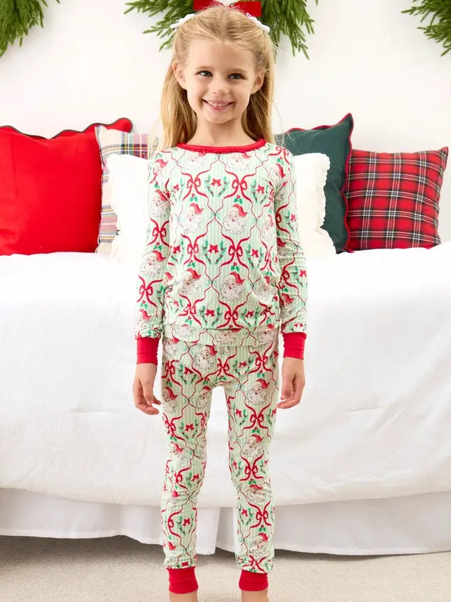 Softsnooze Girls Santa Green Stripe Christmas Ruffle Long Sleeve Pajama Set BBB Powered By ODS