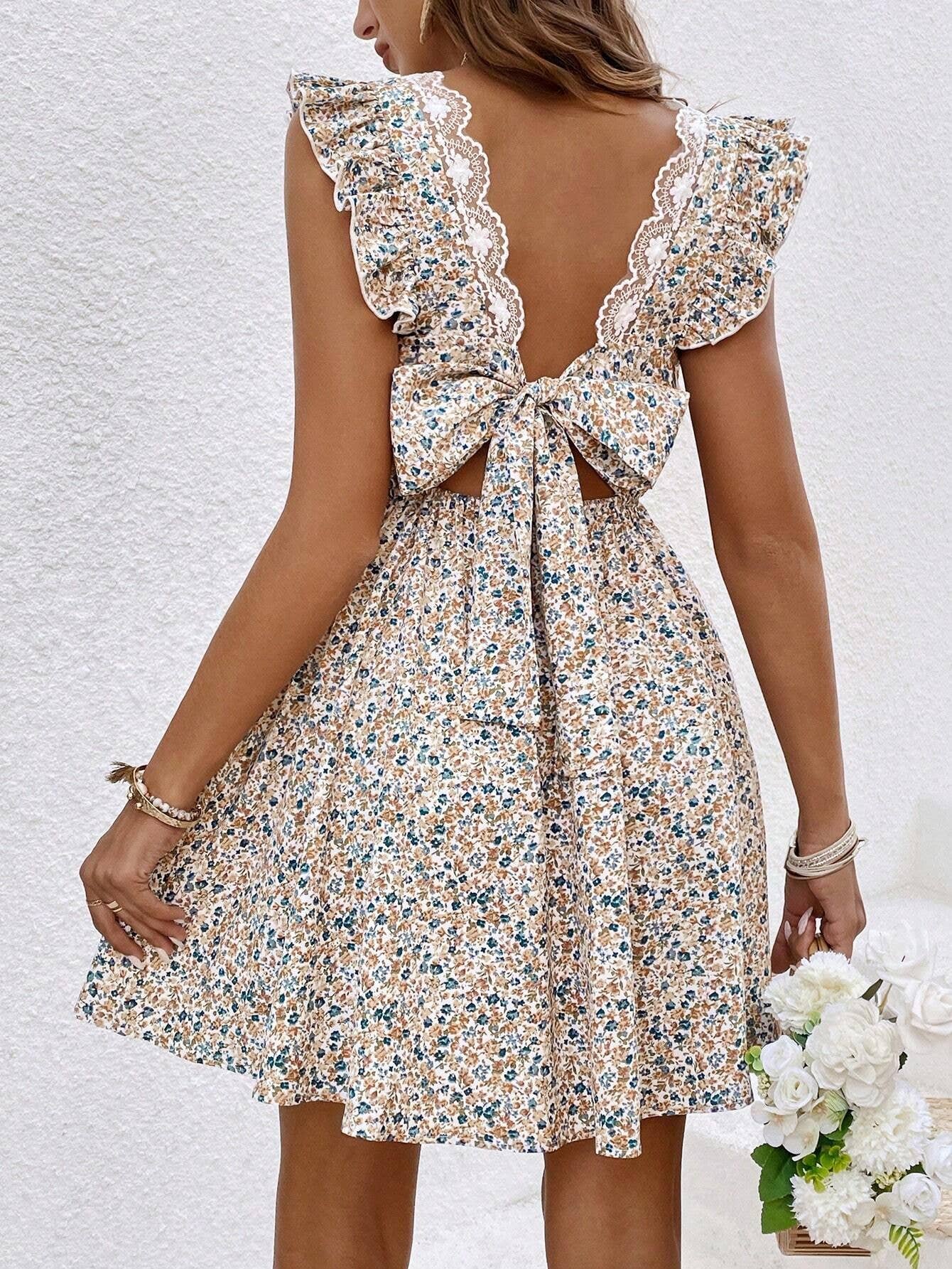 FLORAL PRINT RUFFLED SLEEVE COVERED V-NECK DRESS Lily Clothing