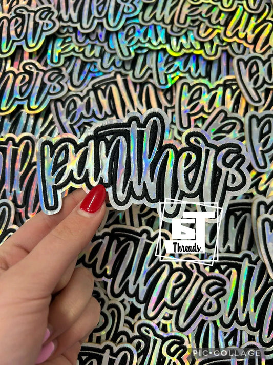 Holographic Cursive Panthers....Cap Patches 6j Threads LLC