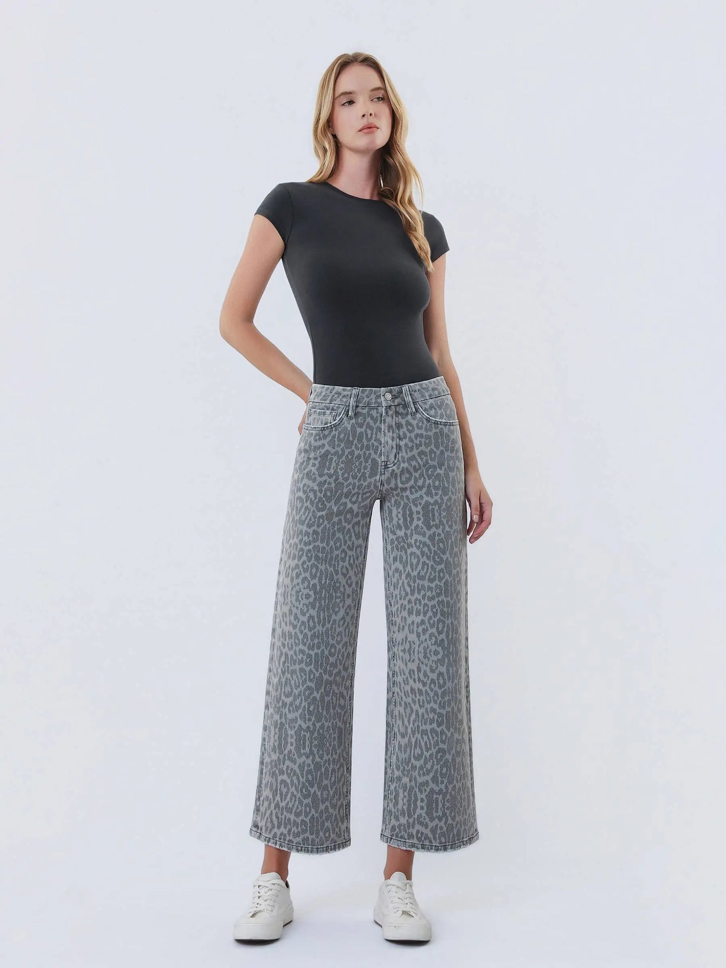 HIGH RISE GREY LEOPARD PRINT CROP WIDE LEG JEANS T7331GLP VERVET by FLYING MONKEY