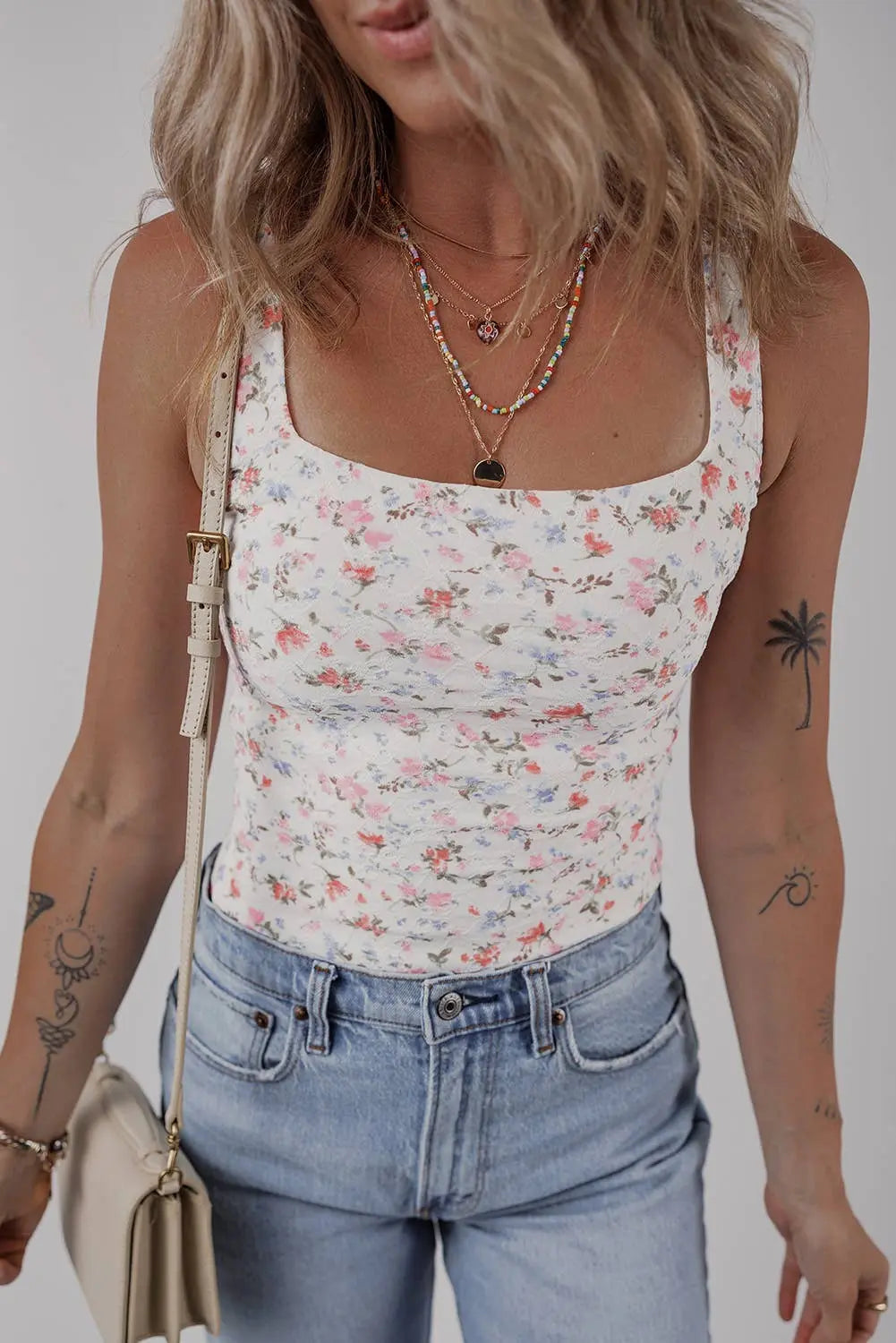 LDC Floral Textured Square Neck Sleeveless Bodysuit Little Daisy Closet