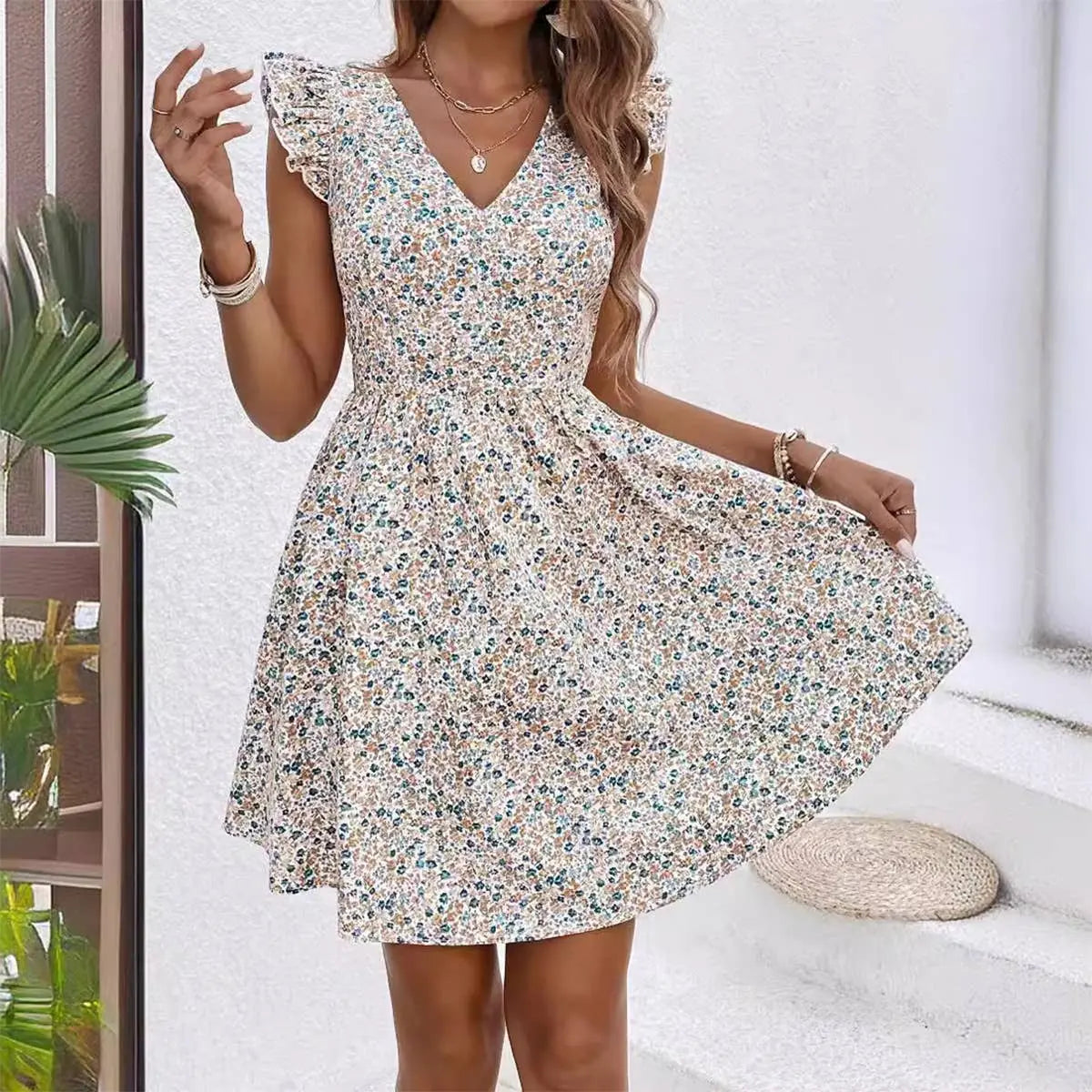 FLORAL PRINT RUFFLED SLEEVE COVERED V-NECK DRESS Lily Clothing
