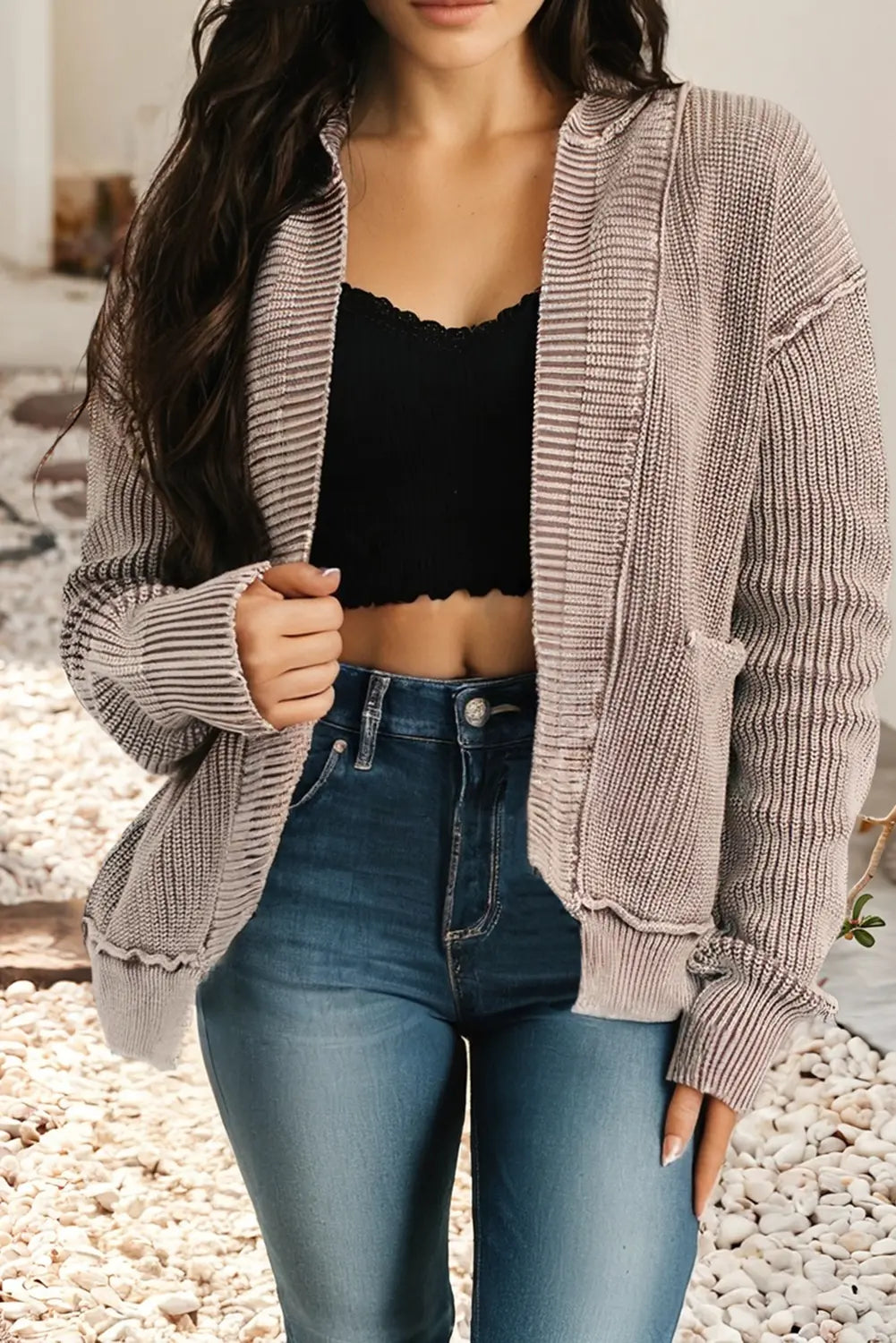 LDC Wash Exposed Seam Patchwork Knit Open Sweater Cardigan Little Daisy Closet