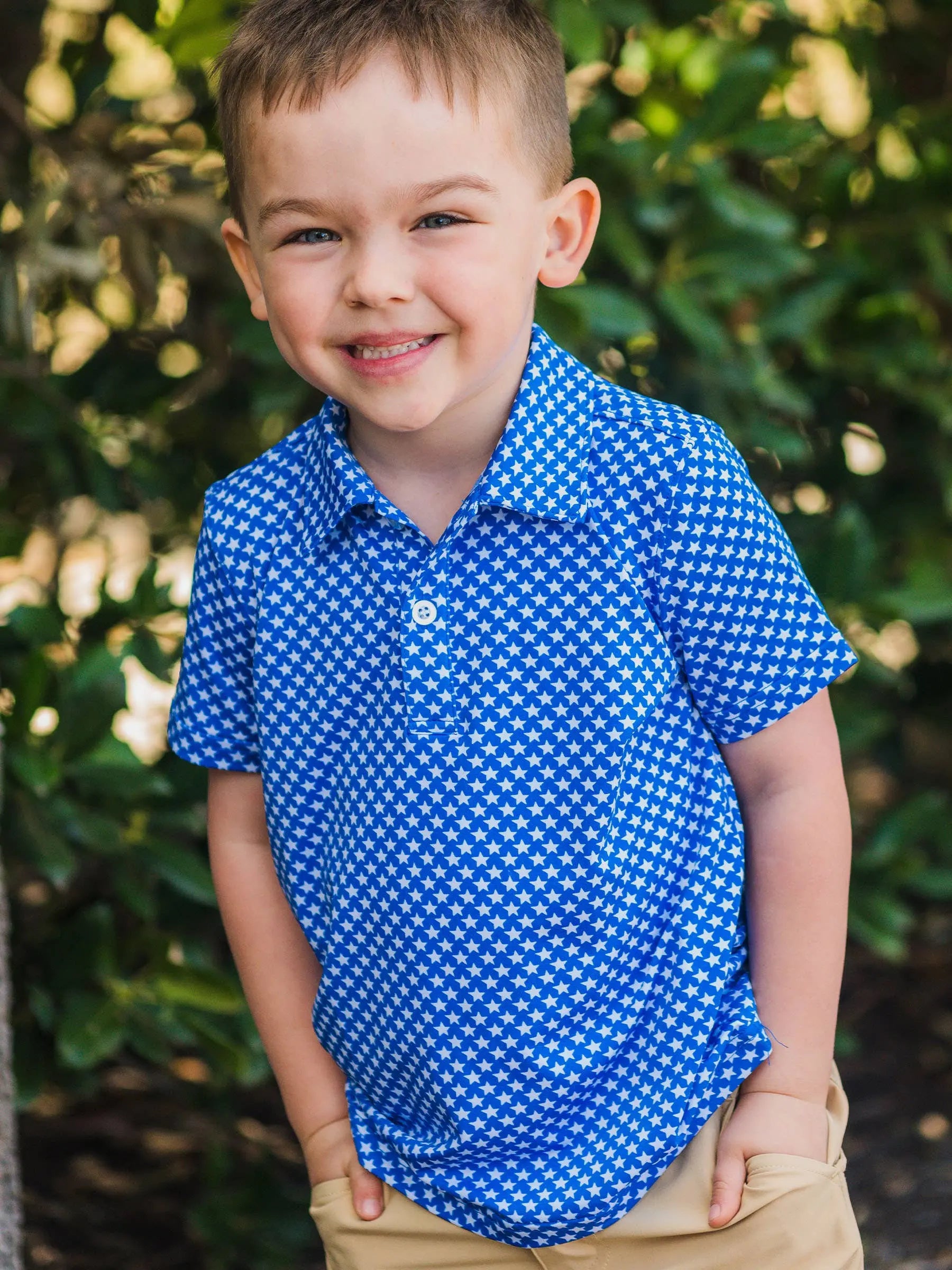 Boys Tiny Blue Stars Knit Short Sleeve Performance Polo RuffleButts + RuggedButts