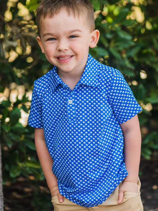 Boys Tiny Blue Stars Knit Short Sleeve Performance Polo RuffleButts + RuggedButts
