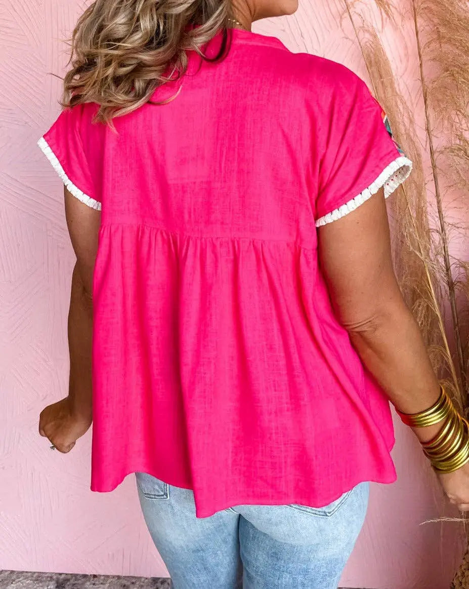 Geometric Embroidered Tassel Tie Blouse - Branded By Barta