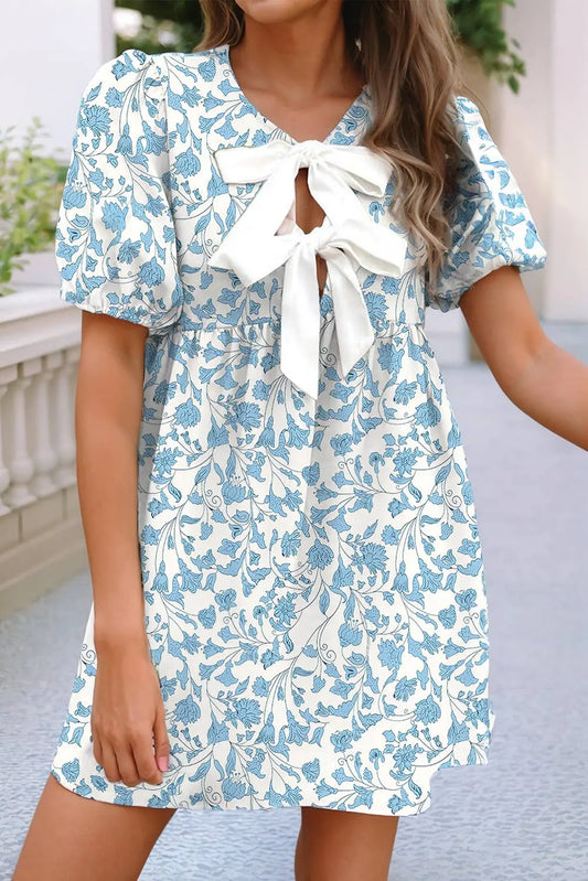 LDC Floral Print Bow Knot Decor Bubble Sleeve Shift Dress Little Daisy Closet