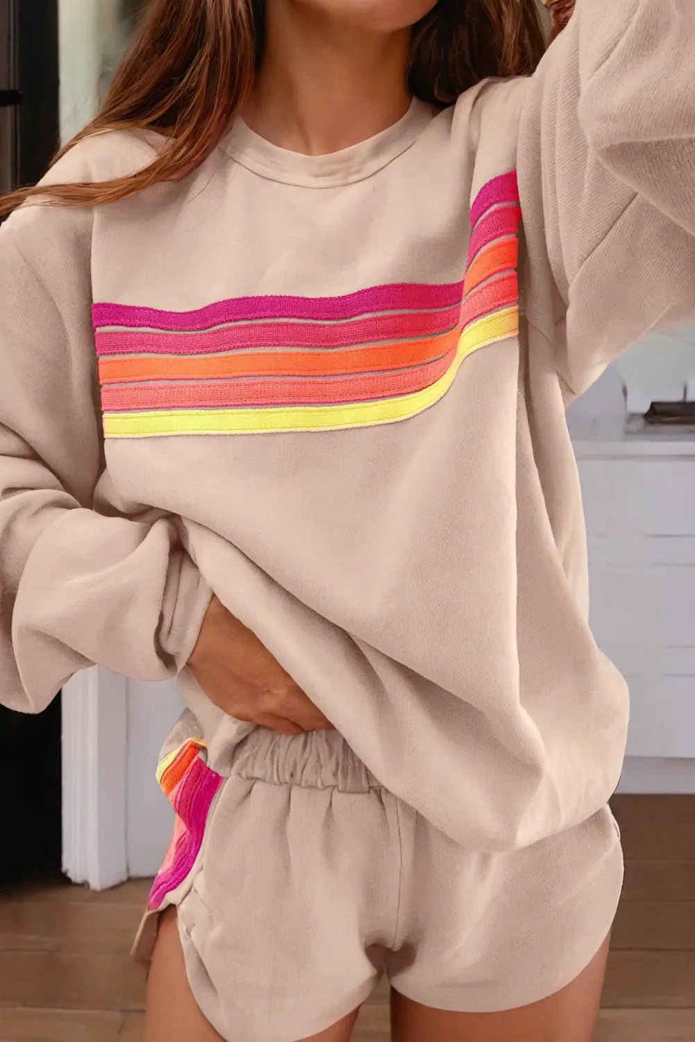 LDC Color Contrast Trim Long Sleeve Top and Shorts Set Little Daisy Closet