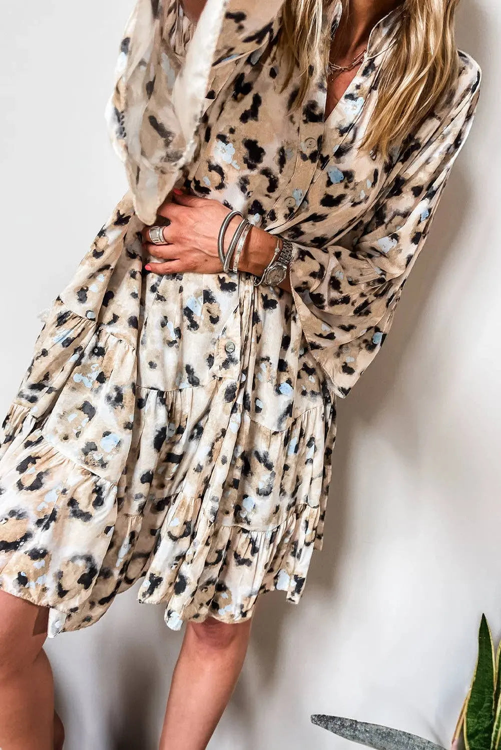 Leopard Print Buttoned Front 3/4 Sleeve Tiered Ruffled Hem Dress - Branded By Barta