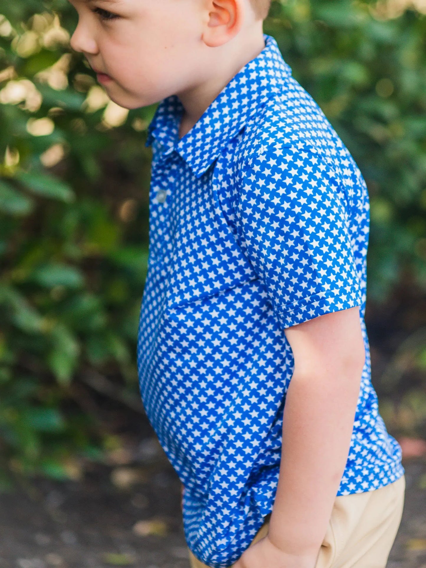 Boys Tiny Blue Stars Knit Short Sleeve Performance Polo RuffleButts + RuggedButts