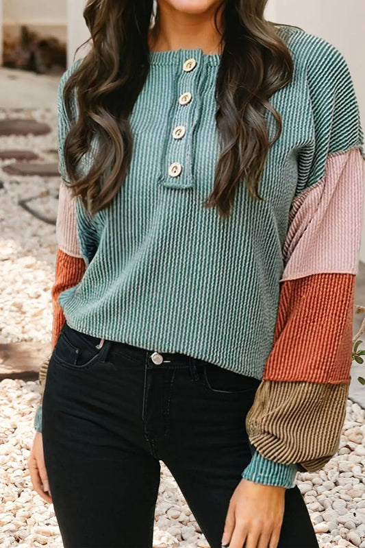 LDC Twisted Ribbed Knit Colorblock Henley Top Little Daisy Closet
