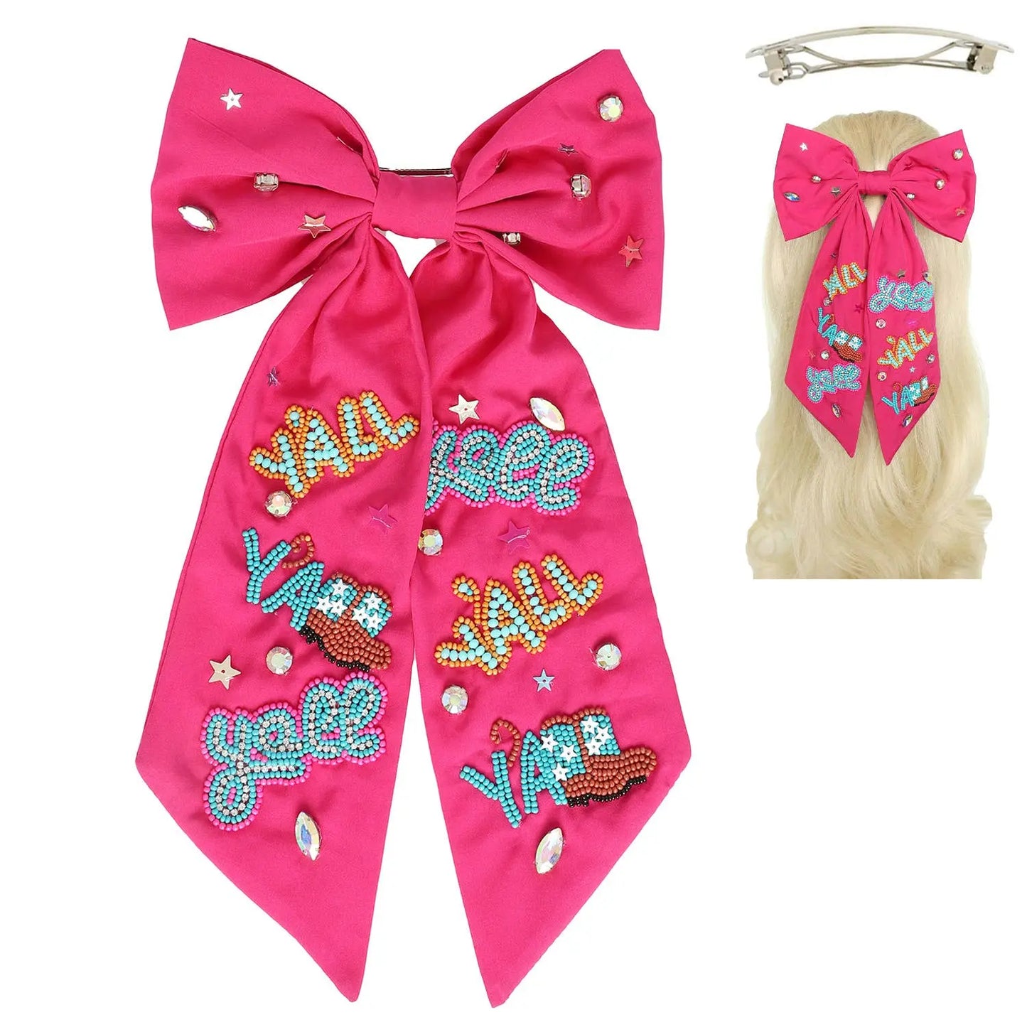 Western Yall Jeweled Bead Bow Barrette Hair Clip SP Sophia Collection