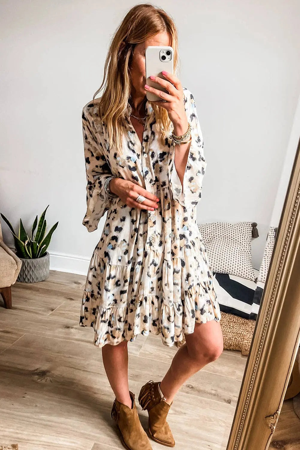 Leopard Print Buttoned Front 3/4 Sleeve Tiered Ruffled Hem Dress - Branded By Barta