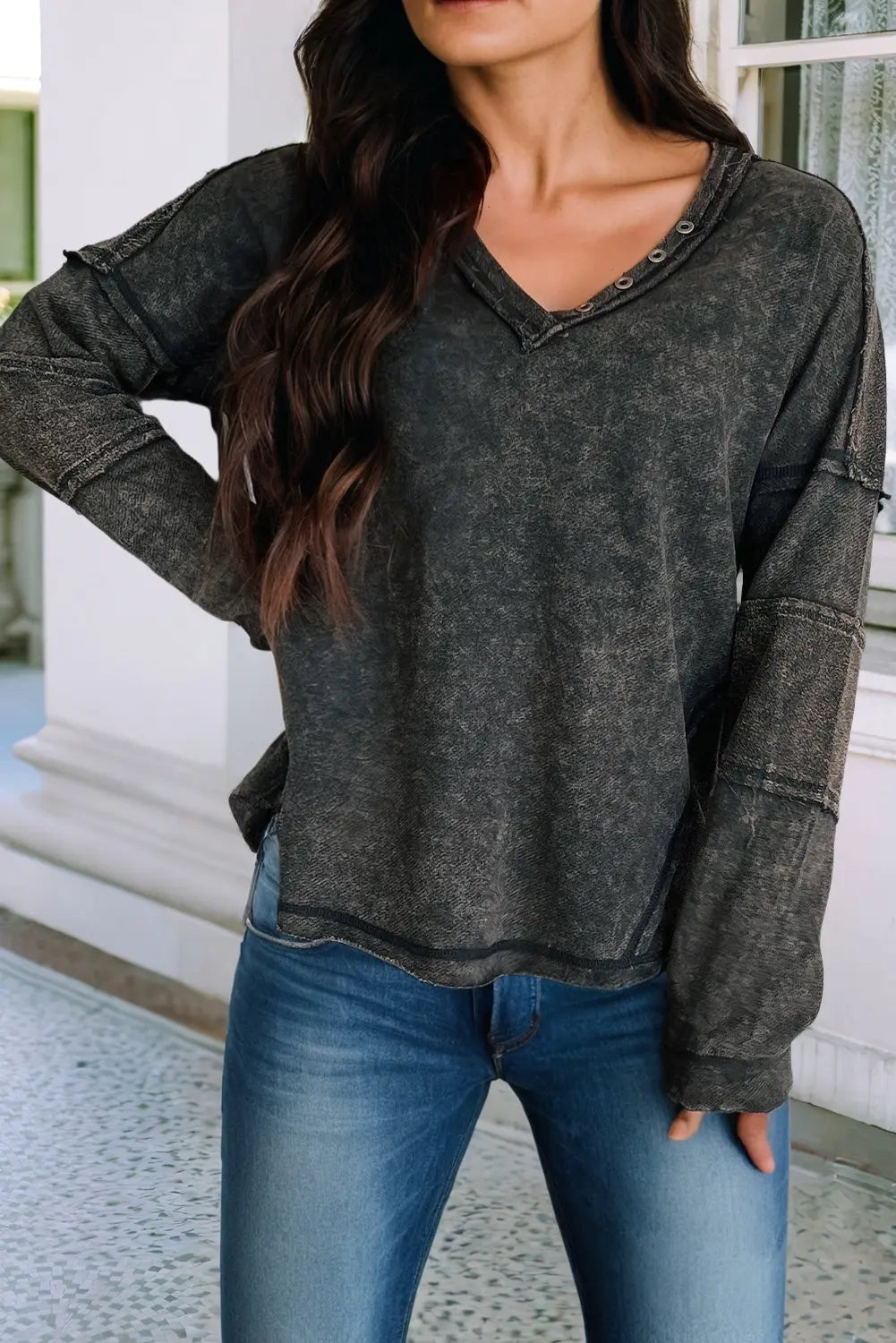 LDC Raw Edge Long Sleeve Buttoned V Neck Exposed Seam Top Little Daisy Closet