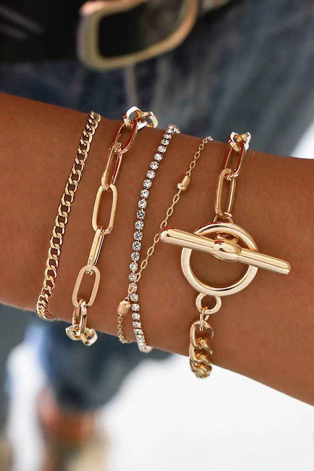 Gold Multi Layered Rhinestone Plated Chain Bracelet Set Lovesoft