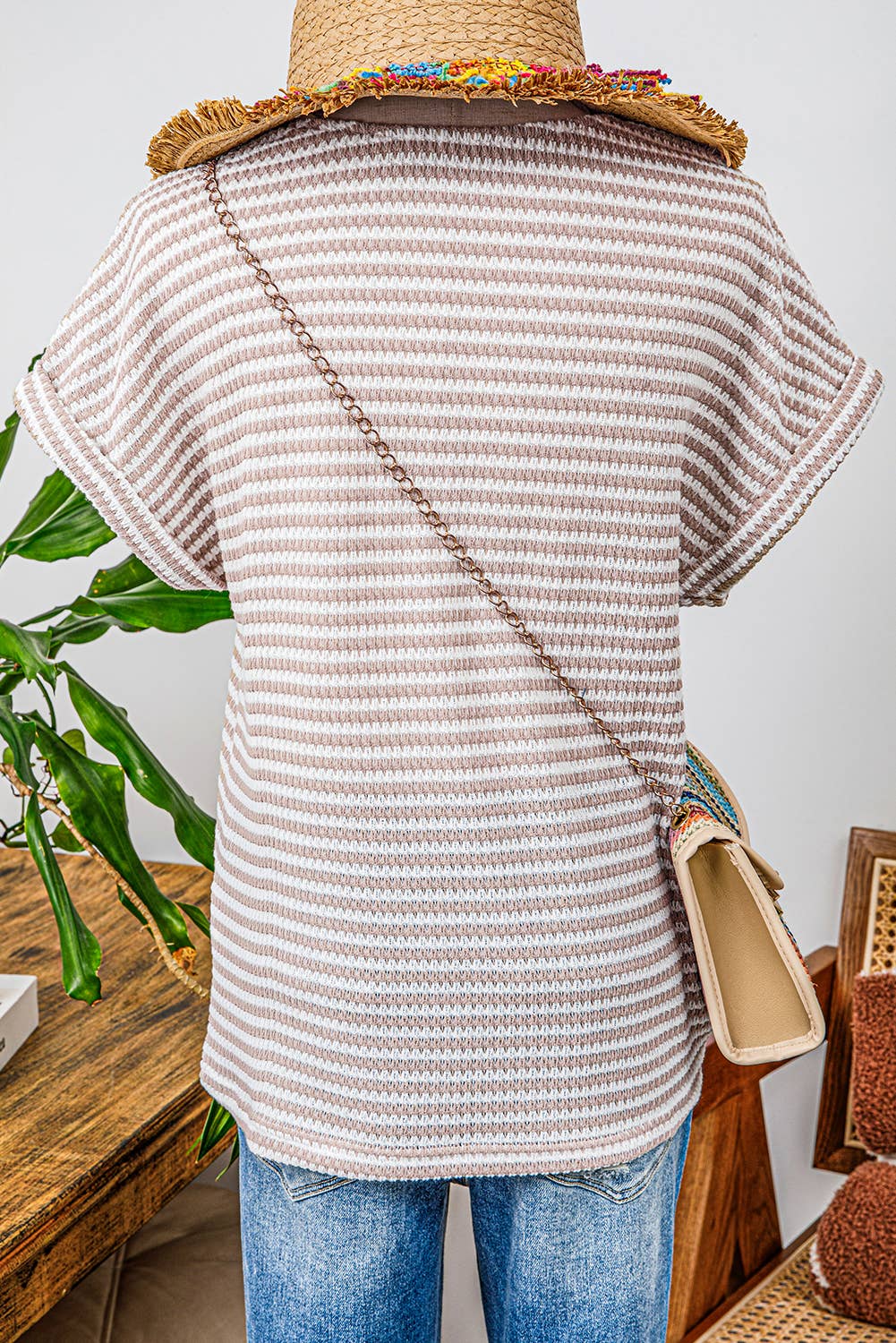 Stripe Buttoned Front V Neck Knitted T Shirt - Branded By Barta