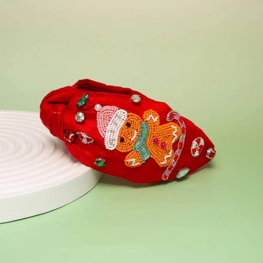 Christmas Gingerbread Crystal Seed Beaded Top Knot Headband SP Sophia Collection