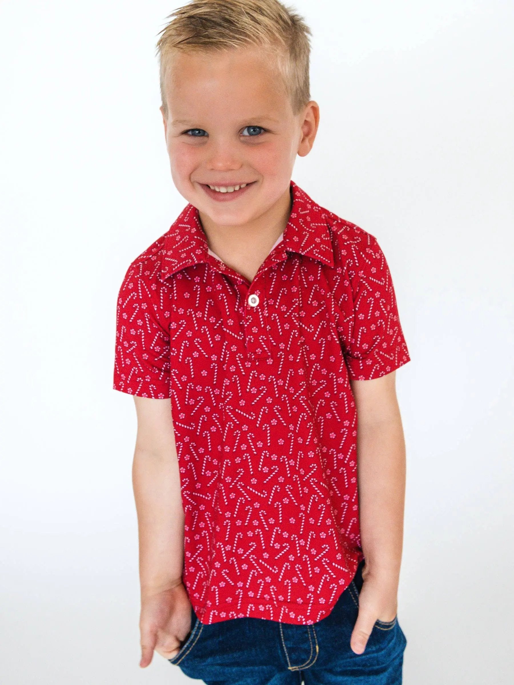 Boys Tiny Candy Canes Knit Short Sleeve Performance Polo RuffleButts + RuggedButts