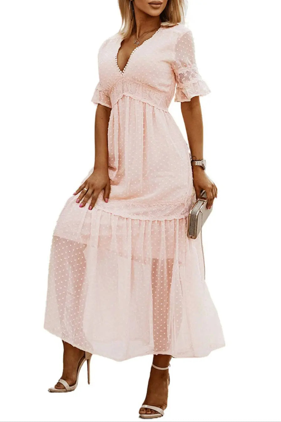 Swiss Dot Lace Trim Maxi Dress - Branded By Barta
