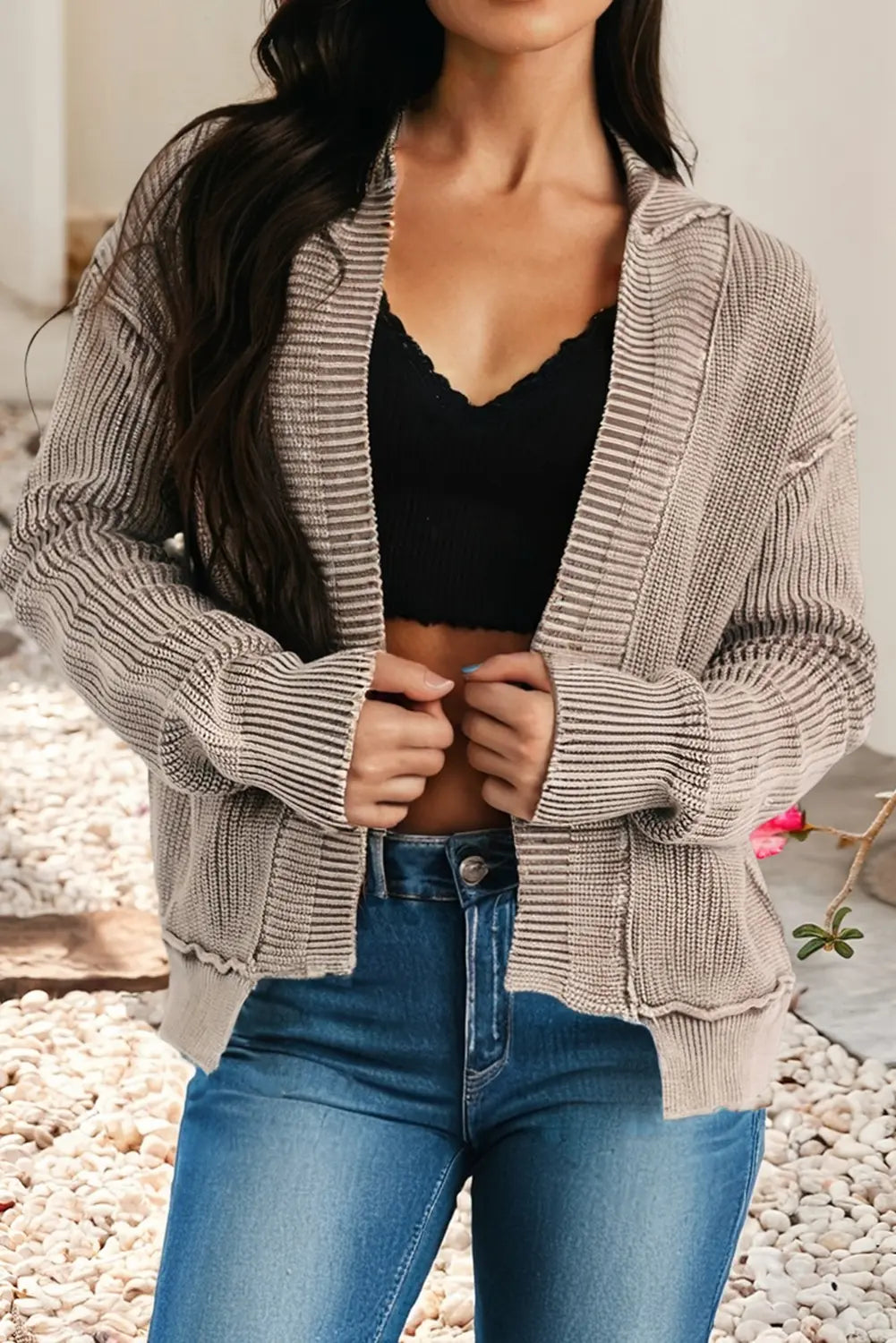 LDC Wash Exposed Seam Patchwork Knit Open Sweater Cardigan Little Daisy Closet