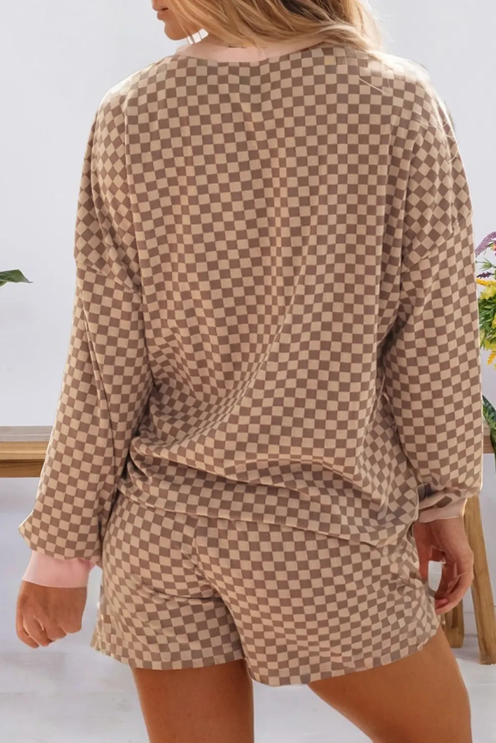 Checkered Print Top Drawstring Shorts Lounge Set (S-XL) 66DISCO