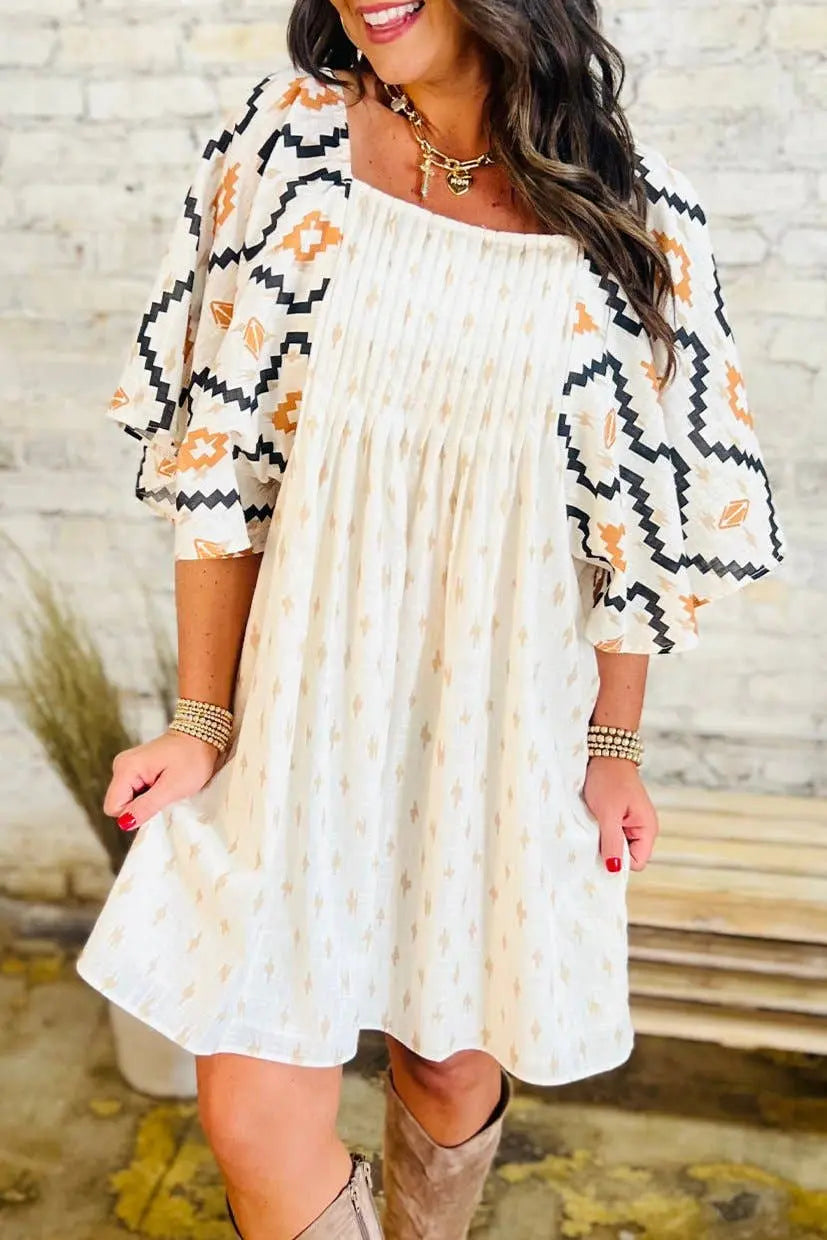 Western Aztec Pleated Mini Dress - Branded By Barta