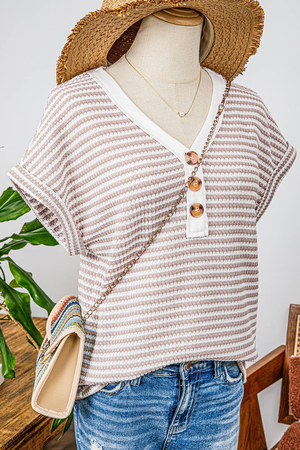 Stripe Buttoned Front V Neck Knitted T Shirt - Branded By Barta