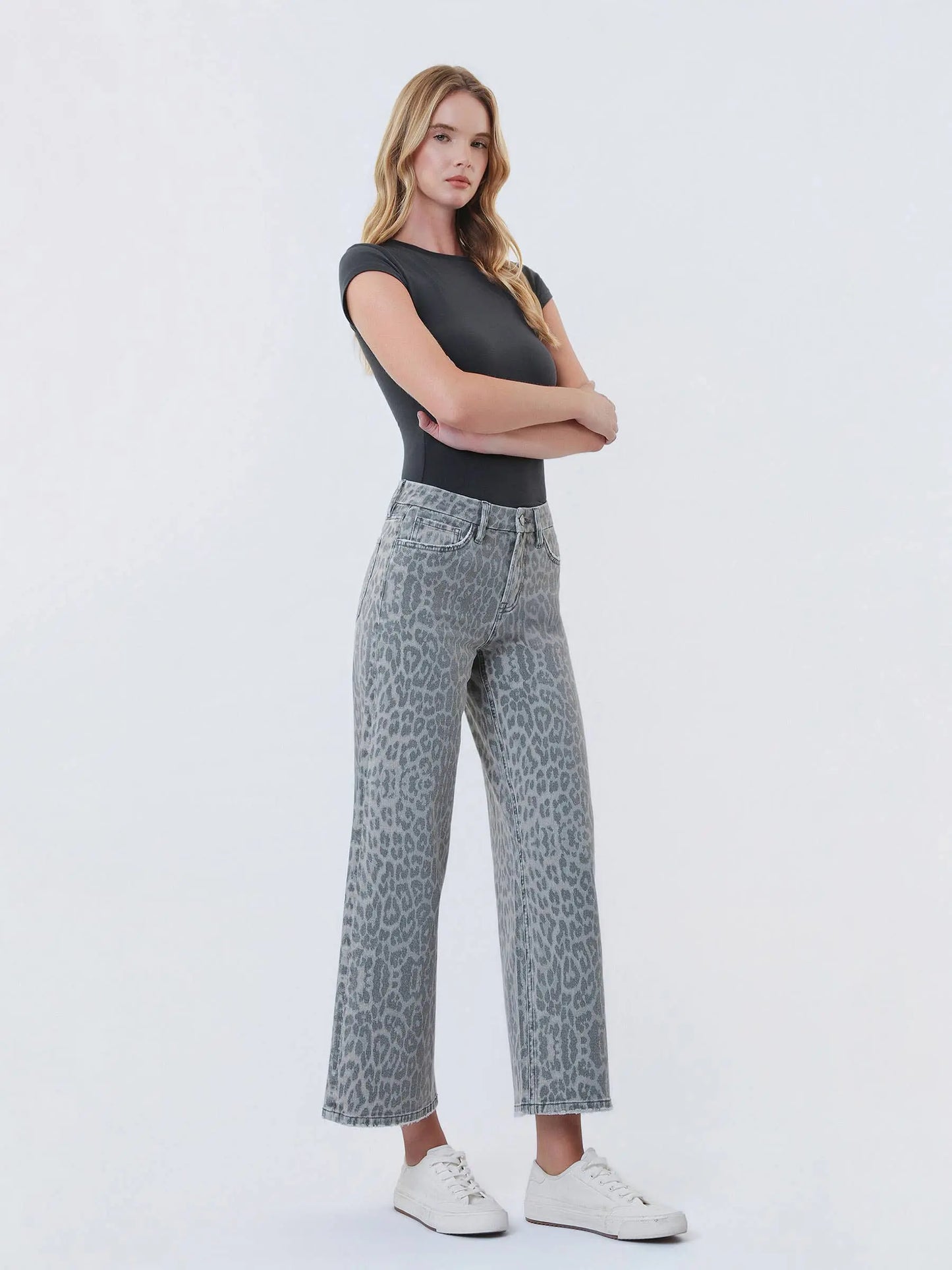 HIGH RISE GREY LEOPARD PRINT CROP WIDE LEG JEANS T7331GLP VERVET by FLYING MONKEY