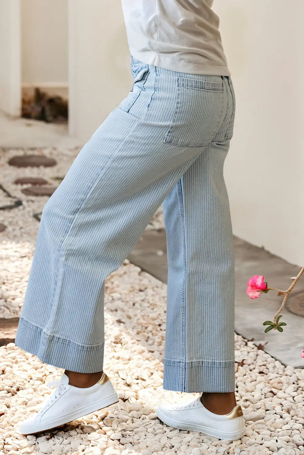 LDC Stripe Button Flap Pocket Cuffed Hem Wide Leg Jeans Little Daisy Closet
