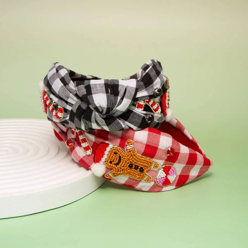 Christmas Gingerbread Man Seed Beaded Top Knotted Headband SP Sophia Collection