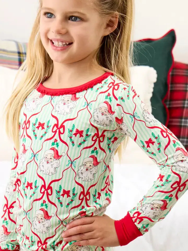 Softsnooze Girls Santa Green Stripe Christmas Ruffle Long Sleeve Pajama Set BBB Powered By ODS