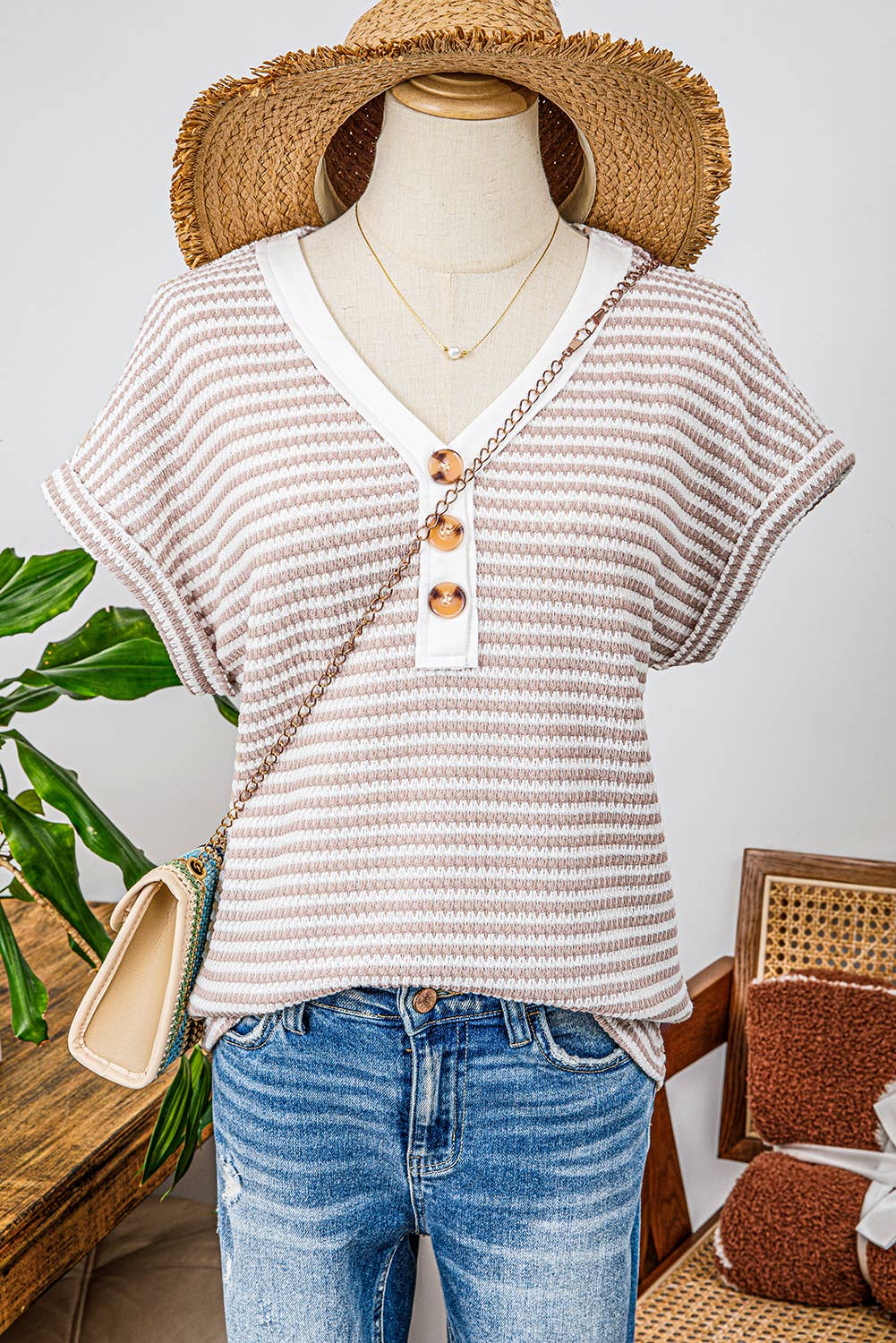 Stripe Buttoned Front V Neck Knitted T Shirt - Branded By Barta