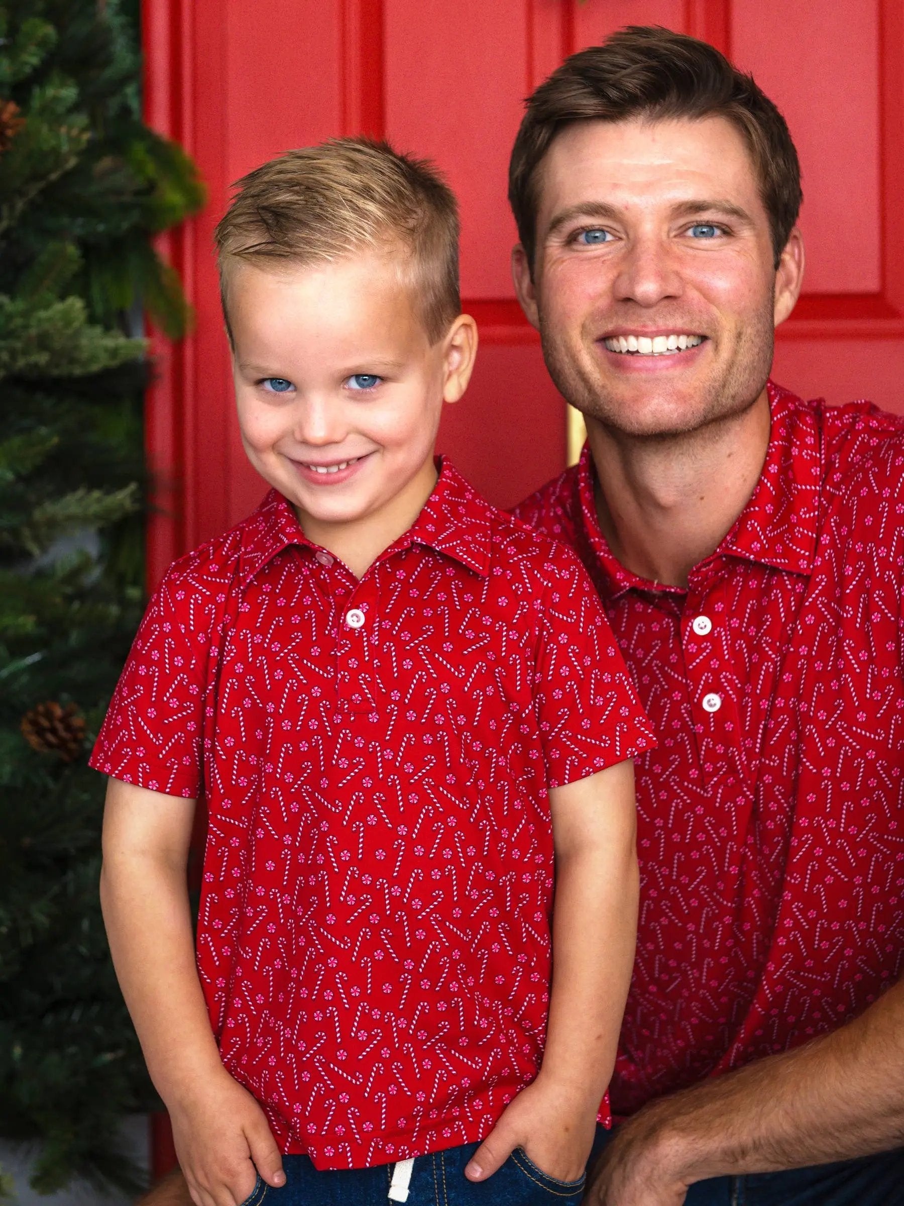 Boys Tiny Candy Canes Knit Short Sleeve Performance Polo RuffleButts + RuggedButts