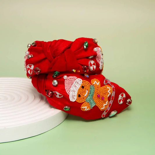 Christmas Gingerbread Crystal Seed Beaded Top Knot Headband SP Sophia Collection