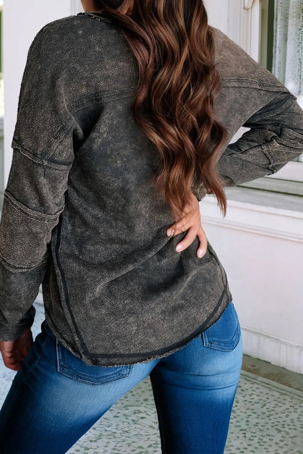 LDC Raw Edge Long Sleeve Buttoned V Neck Exposed Seam Top Little Daisy Closet