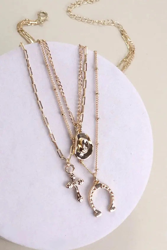 Trio Layer Horseshoe Hat Cross Cahrm Necklace Branded By Barta
